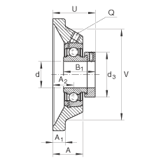 軸承座單元 PCJ45-FA125, 帶四個(gè)螺栓孔的法蘭的軸承座單元，鑄鐵，偏心鎖圈，P型密封，耐腐蝕保護(hù)