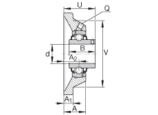 軸承座單元 RCJY1-1/4-206, 四角法蘭軸承座單元，鑄鐵，根據(jù) ABMA 15 - 1991, ABMA 14 - 1991 內(nèi)圈帶有平頭螺栓，R型密封， ISO3228，英制